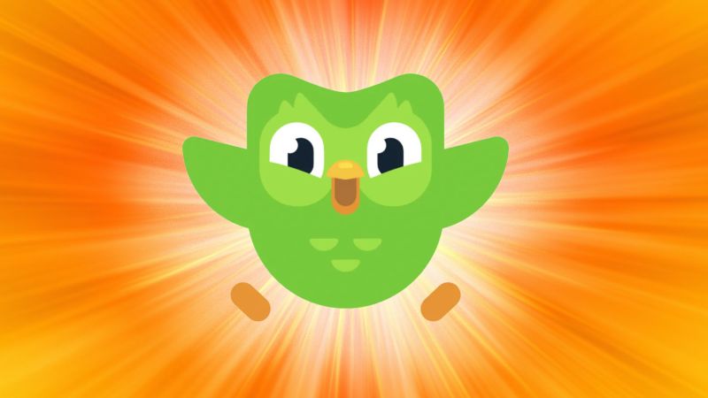 Duolingo owl mascot with radiant orange background
