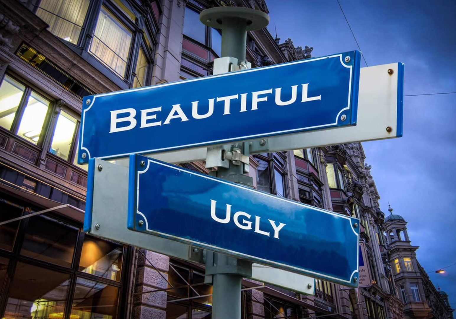 Blue street signs reading Beautiful and Ugly